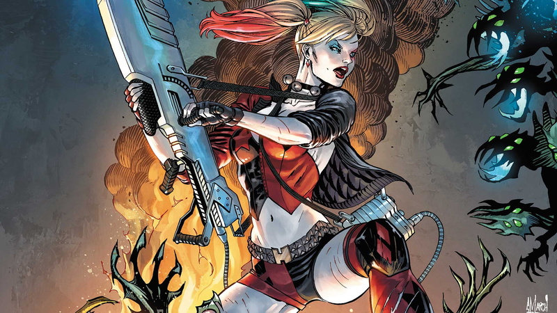 comic art, comics, women, aliens, weapon, artwork, Harley Quinn, fantasy girl, 1080P, DC Comics, fantasy art, superheroines