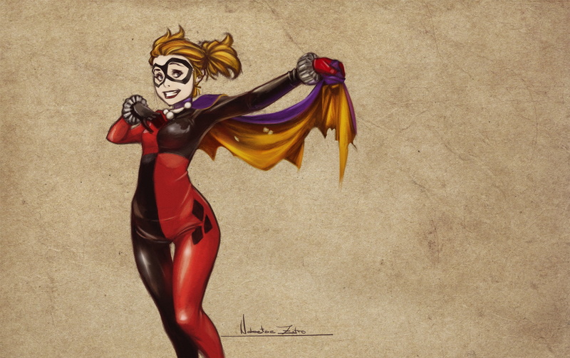 comic art, 1080P, mask, artwork, DC Comics, fantasy girl, Harley Quinn, Nabetse Zitro, comics, simple background, superheroines