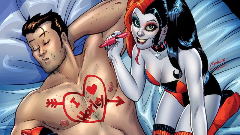 superheroine, fantasy, drawing, marker, superhero, man, sheets, 1080P, DC Comics, Harleen Frances Quinzel, sleeping, girl, Harley Quinn, bed, I love Harley