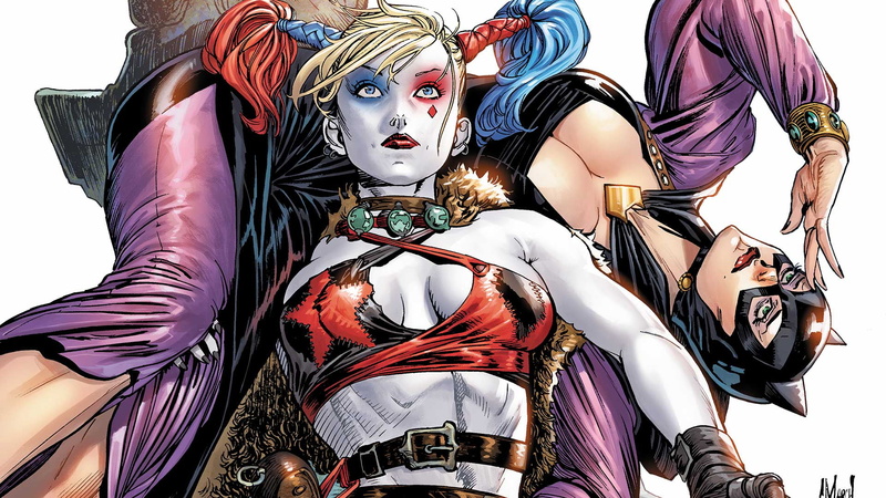 Catwoman, superhero, artwork, Harley Quinn, costumes, comics, fantasy art, DC Comics, 1080P, superheroines, women, comic art