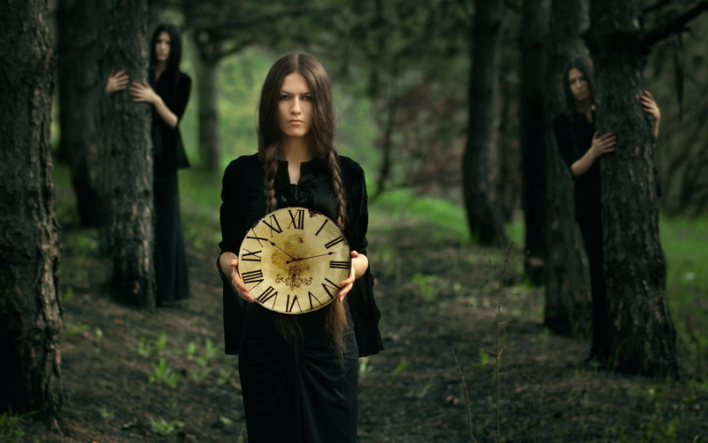girl, clock, portrait, 1080P, women, forest, blackdress