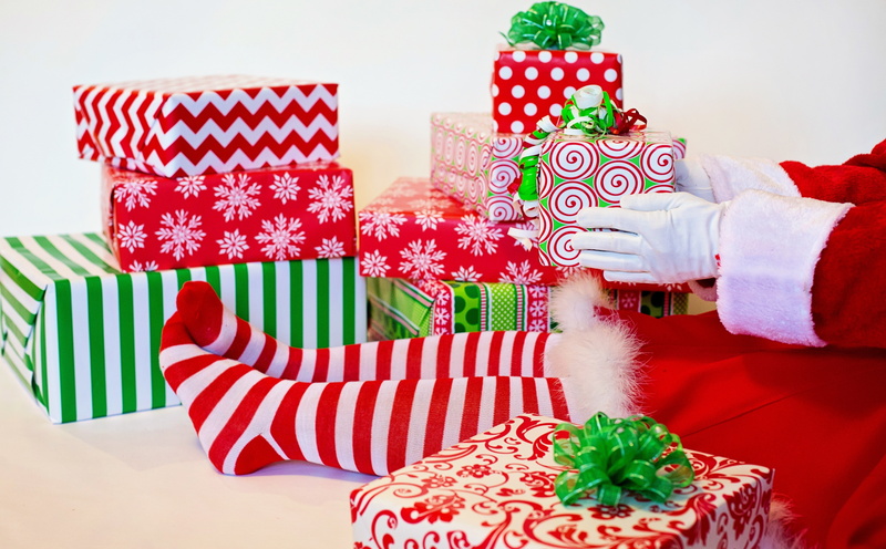 Santa, Presents, MerryChristmas, red, celebration event, human hand, decoration, 5K, human body part, stack, SantaDress, holding, MerryXmas, one person