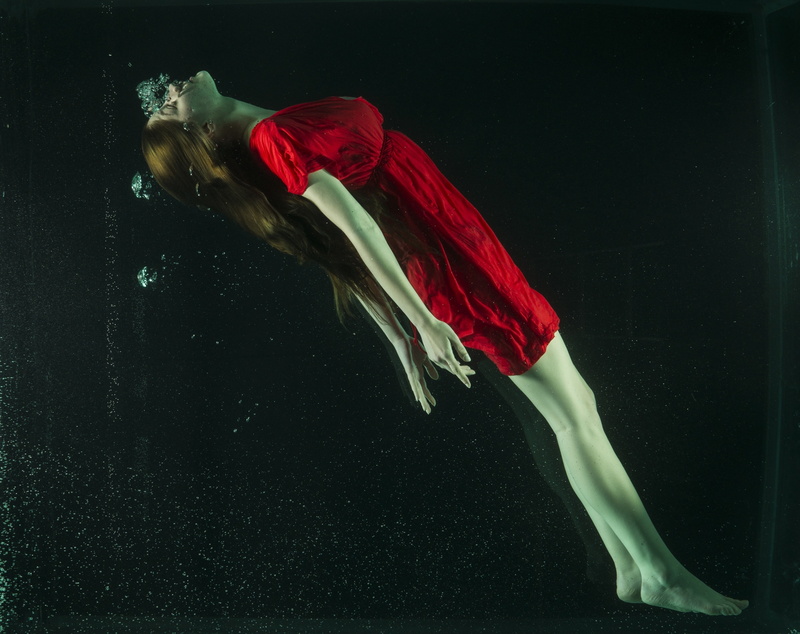 Girl, swimming, reddress, indoors, full length, black background, motion, clothing, digital composite, beauty, nature, red, adult, 2K, dress, photography