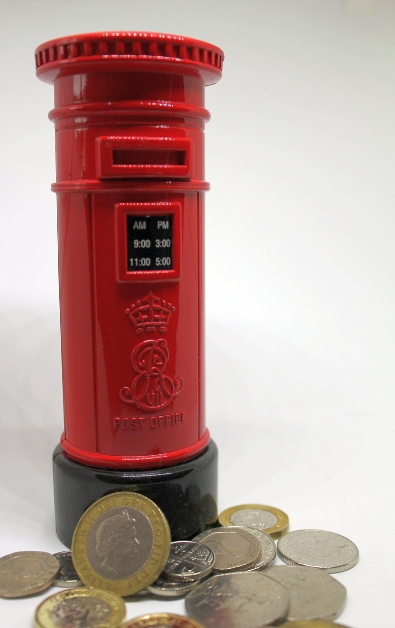 focus on foreground, british, coin, business, money, white background, save, post mail box, budget, communication, pound sterling, pillar box, red, copy space