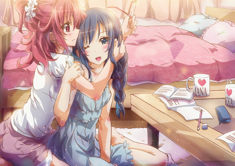 wink, red, braids, 720P, book, dokidoki, rikka, short, mana, eyes, glasses, hishikawa, blush, bed, inoshishi, aida, hair, precure, blue, long, girls