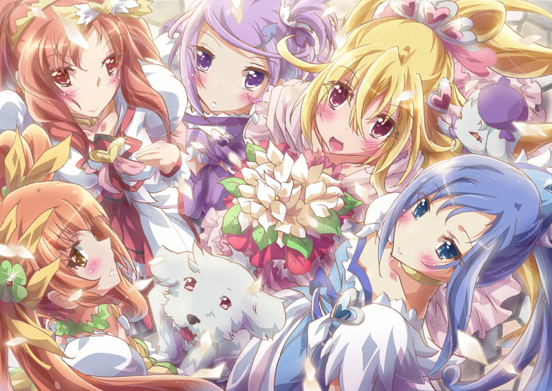 flowers, red, dog, mana, blue, cure, blush, short, hair, group, pink, precure, long, eyes, 720P, ace, dokidoki, aida, animal, inoshishi
