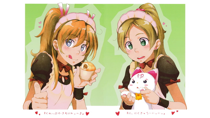 holding, cute, Precure, females, anime girls, people, human representation, toy, celebration, lifestyles, girls, two people, blue eyes, women, green  eyes