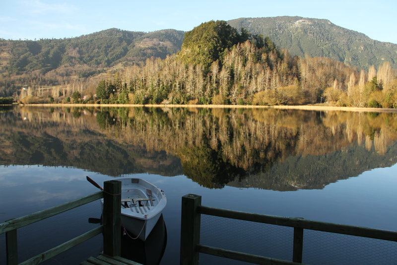 5K, ancapulli lagoon, tranquil scene, beauty in nature, day, water, Chile, boat, railing, lake, sky, tree, tranquility, scenery reflected in water, reflection