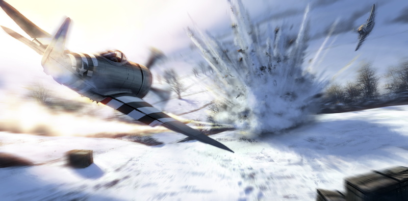 art, American, the explosion, field, attack, snow, fighter-bombers, Republic P-47 Thunderbolt, winter, figure, 2K, trees, dive