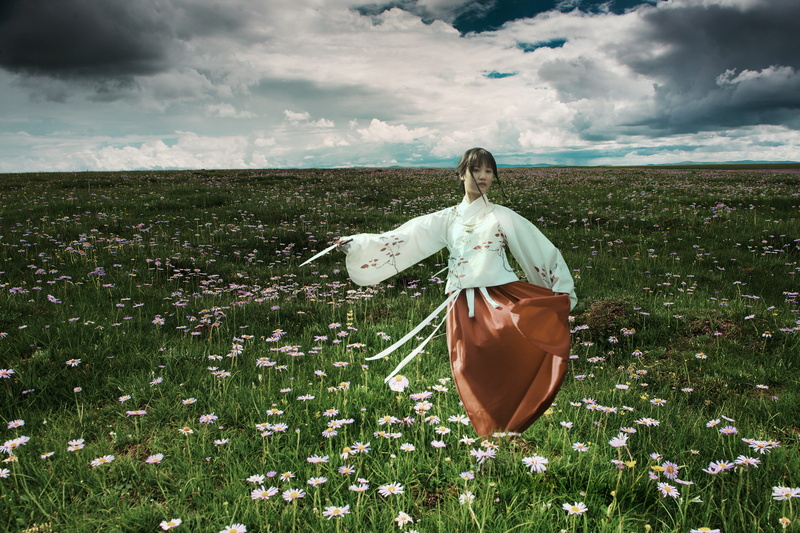 women, china, landscape, young adult, field, sky, 5K, hairstyle, fashion, clothing, grass, antiquity, cloud - sky, day, plant, one woman only, asia, rear view