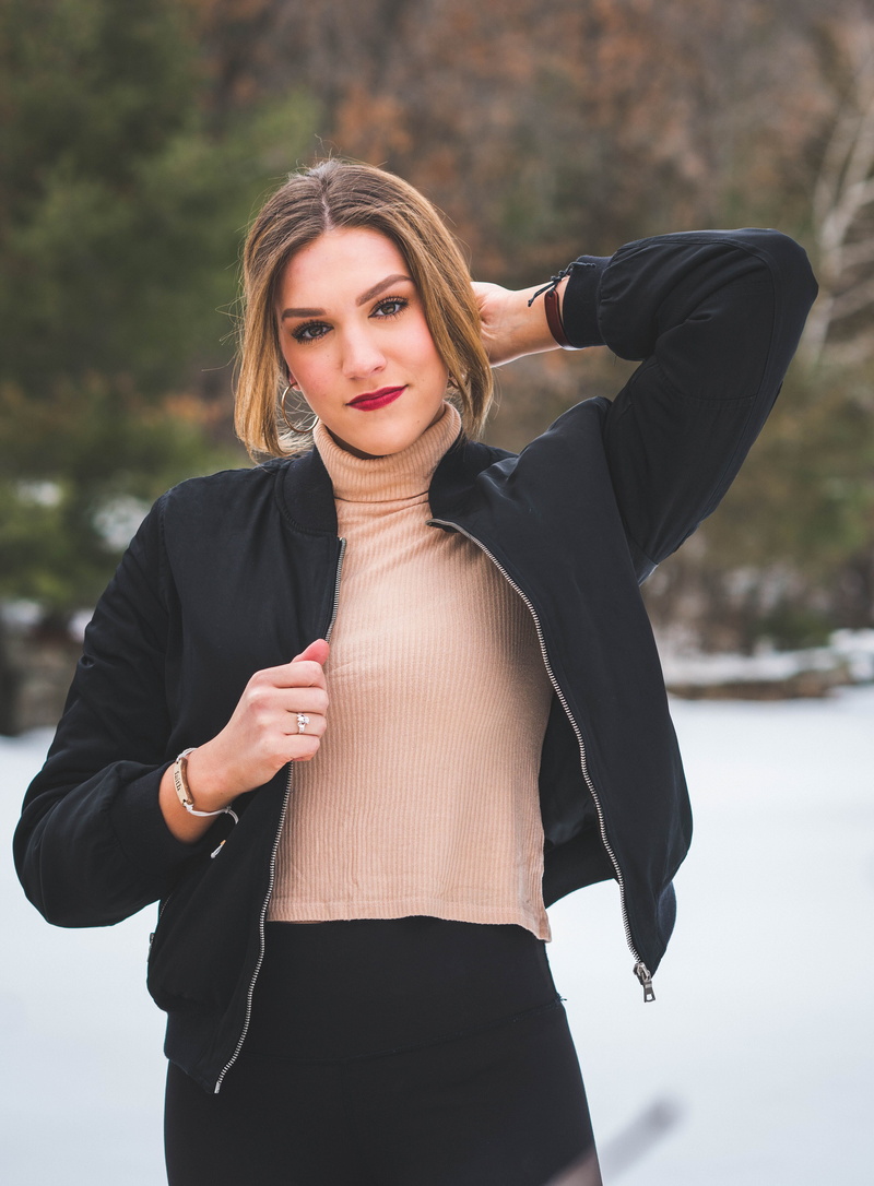 bomber jacket, girl, red, head, female, ring, lady, one person, 5K, selective, day, lack, people, wristband, hairstyle, skirt, lifestyles, standing, portrait