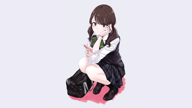 skirt, blue eyes, shirt, 2K, brunette, twintails, long hair, wristband, socks, school uniform, original characters, phone