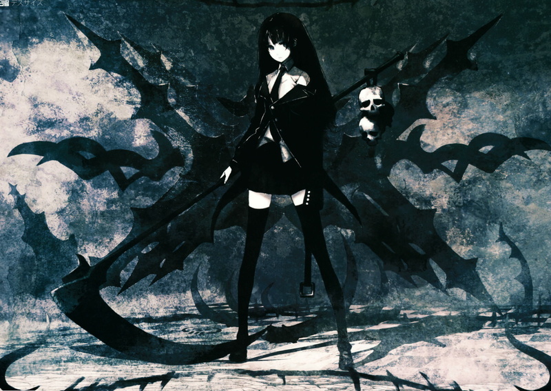 1080P, hair, green, rock, shooter, weapon, huke, monochrome, long, original, death, thighhighs, black, scythe, skirt, eyes
