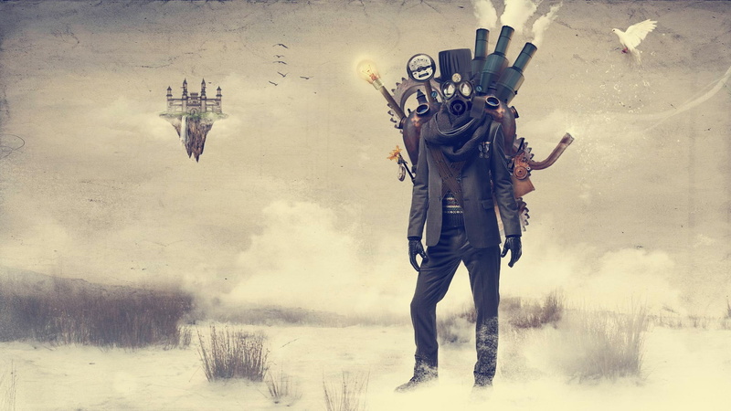 steampunk, castle, gas masks, birds, artwork, landscape, fantasy art, digital art, 1080P