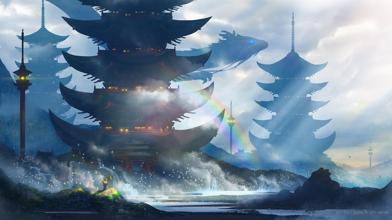 Fantasy, dragon, 1080P, artwork, clouds, asian castle, birds, rainbow