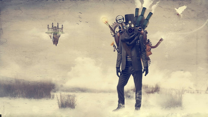 steampunk, castle, 1080P, landscape, artwork, birds, fantasy art, digital art, gas masks