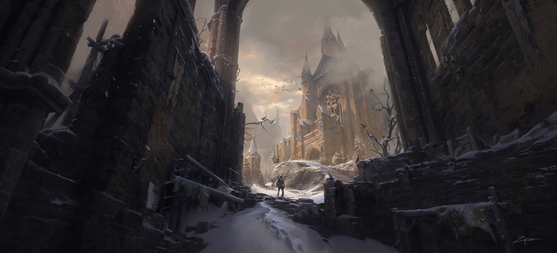 ultra-wide, Pengzhen Zhang, flying, snow covered, standing, digital art, ArtStation, 1080P, landscape, alone, birds, ultrawide, artwork, castle, tree bark