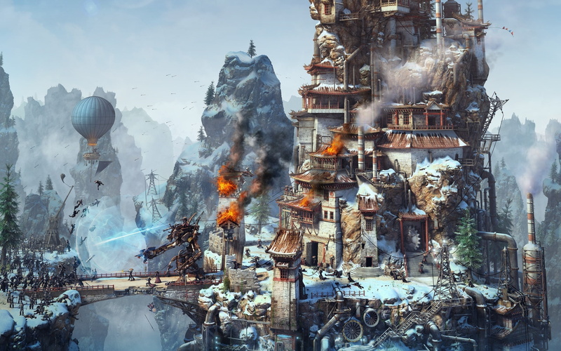robots, castles, tower, steampunk, battles, artwork, 2K, art, bridges, fire, realistic, wa, fantasy, abstract, magic, hd, mountains