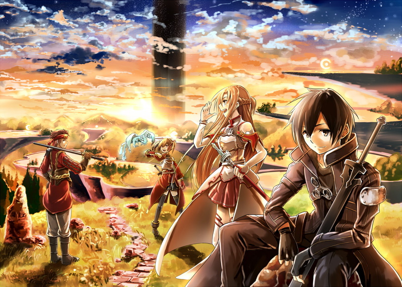 Smile, Kirito (Sword Art Online), Skirt, Sky, Anime, Cloud, Sword Art Online, Weapon, Sunset, Asuna Yuuki, 720P, Thigh Highs, Boy, Girl, Kirigaya Kazuto