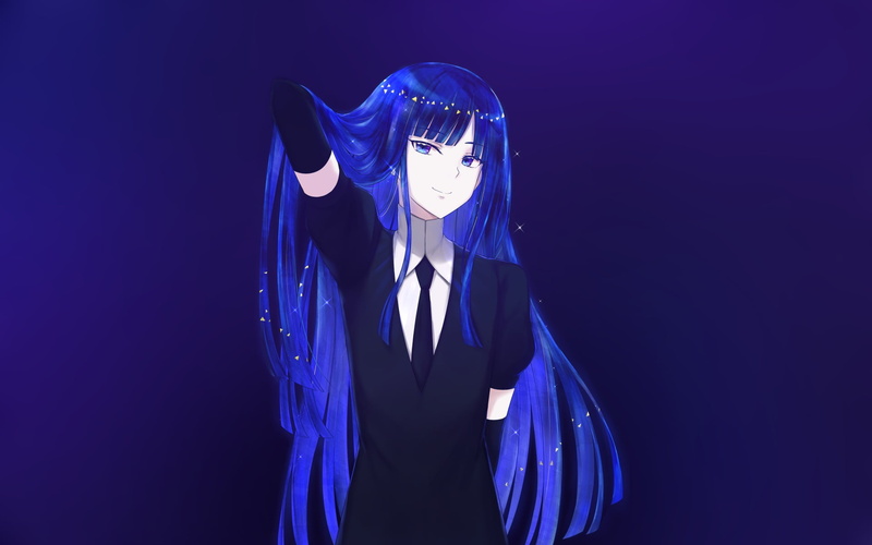 blue hair, 1080P, purple, hairstyle, one person, blue, black background, waist up, Houseki no kuni , adult, illuminated, night, clothing, young women
