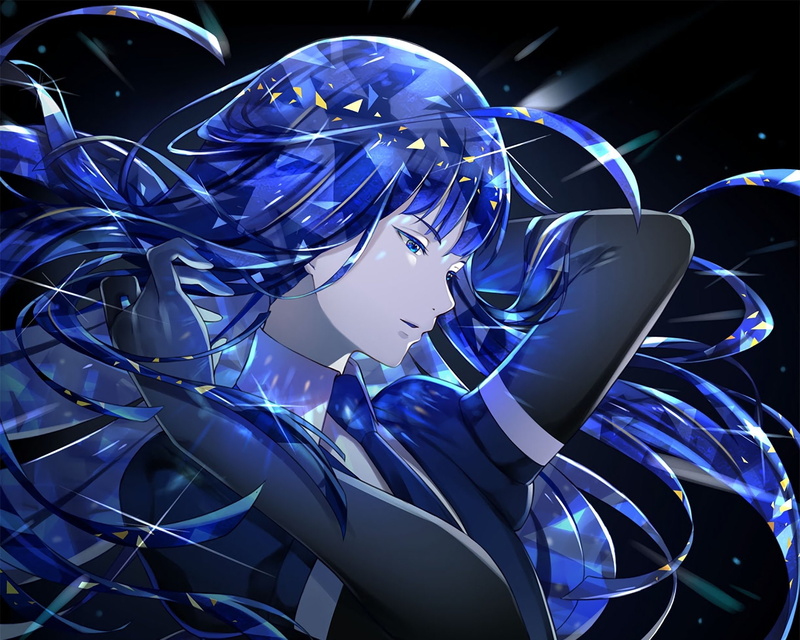 Lapis Lazuli (Houseki no Kuni), illuminated, technology, close-up, pattern, night, metal, purple, indoors, representation, light painting, Houseki no Kuni