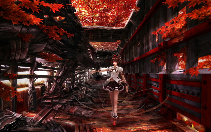red, tengu, autumn, leaves, eyes, Touhou, games, Video Games, shameimaru, x, hd, 1080P, anime, girls, video, aya, art