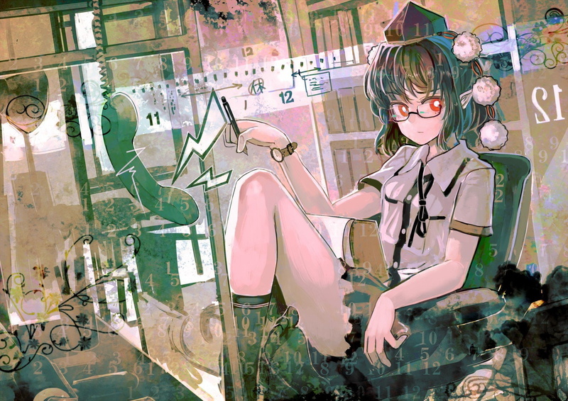 tokin, numbers, tengu, video, telephone, books, games, hats, 720P, hair, girls, glasses, brunettes, socks, anime, skirts, meganekko, ribbons, sitting