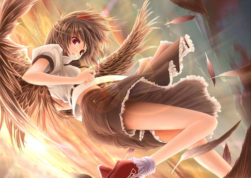 girls, x, hd, Touhou, red, tengu, eyes, 480P, geta, art, wings, anime, aya, shameimaru, hot