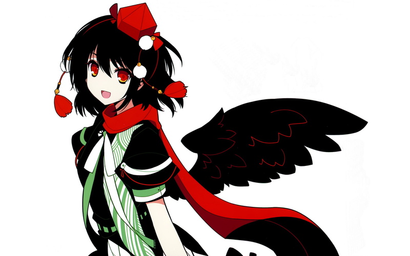 video, simple, smiling, touhou, ribbons, hats, eyes, mouth, tengu, black, hair, hat, aya, 2K, short, shameimaru, tokin, open, white, red, wings, background
