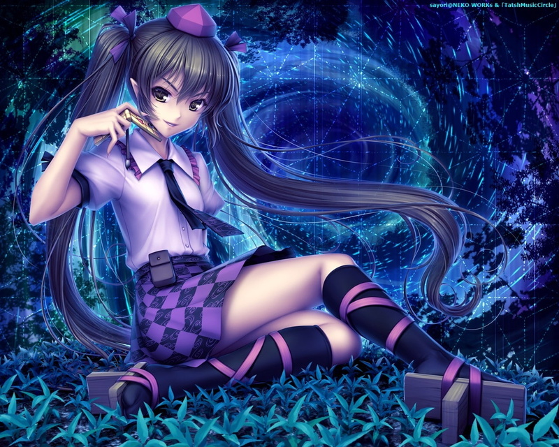 720P, brunettes, twintails, tengu, works, himekaidou, Touhou, sayori, neko, x, hatate, art, hd