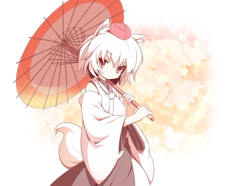 video, shoulders, background, umbrellas, clothes, japanese, ears, detached, animal, games, anime, simple, red, hats, tails, momiji, girls, 720P, bare