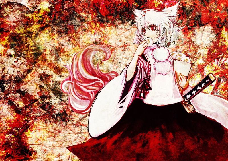 games, animal, clothes, food, 1080P, japanese, tails, poms, inumimi, momiji, pom, ears, tengu, video, weapons, ribbons, eating, red, detached, leaves