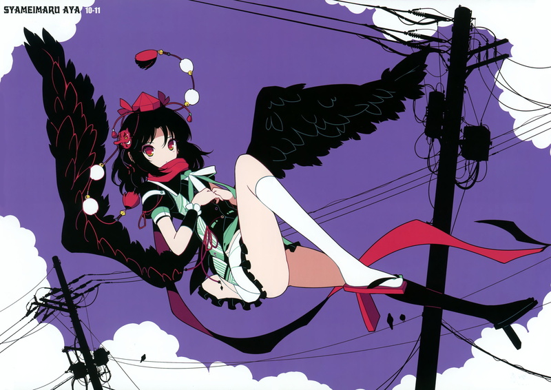 masks, clouds, anime, aya, black, girls, short, shameimaru, socks, ribbons, video, skyscapes, red, hair, flying, hats, knee, eyes, 2K, skirts, ideolo