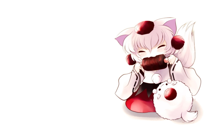animal, food, video, hair, hats, eyes, ears, touhou, chibi, eating, sleeves, inumimi, white, games, closed, tengu, momiji, animals, simple, hat, tails