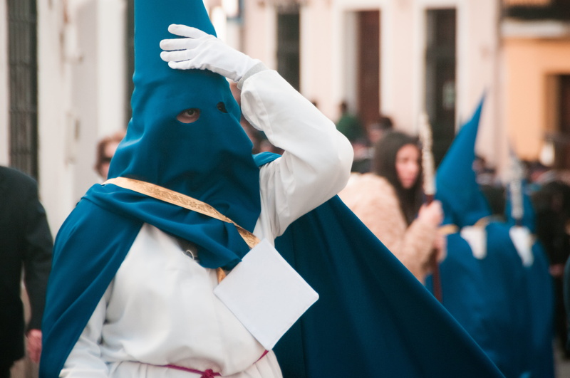waist up, obscured face, people, eyes, carnival - celebration event, architecture, semana santa, blue, Ronda, men, real people, incidental people, parade
