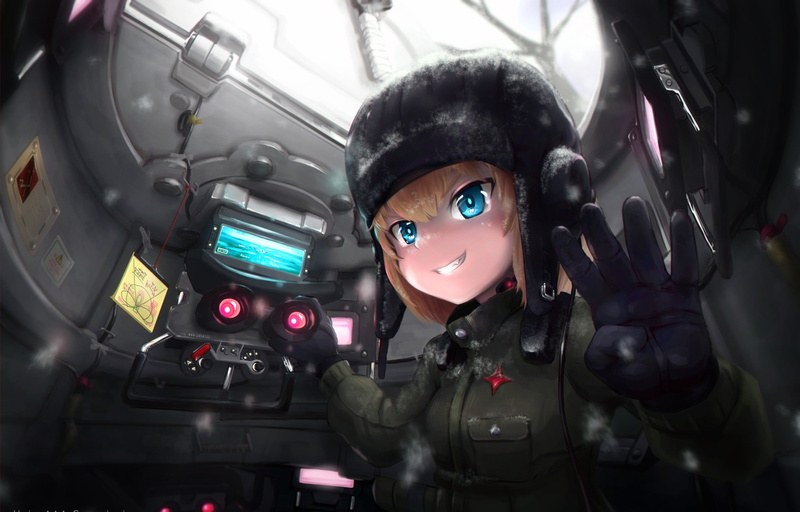 japanese, tank, anime, bishojo, pretty, Girls and Panzer, 2K, red star, gloves, weapon, girl