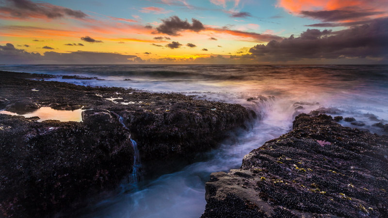 beach, latest new  nature scene 3840x2160, rock - object, horizon over water, 4K, cloud - sky, scenics - nature, nature, land, no people, motion, sunset