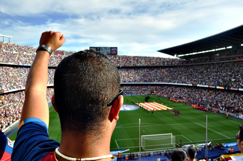adult, arms raised, soccer, fan - enthusiast, team sport, cheering, people, man, watching, lifting, sport, group of people, day, camp nou, barcelona, looking
