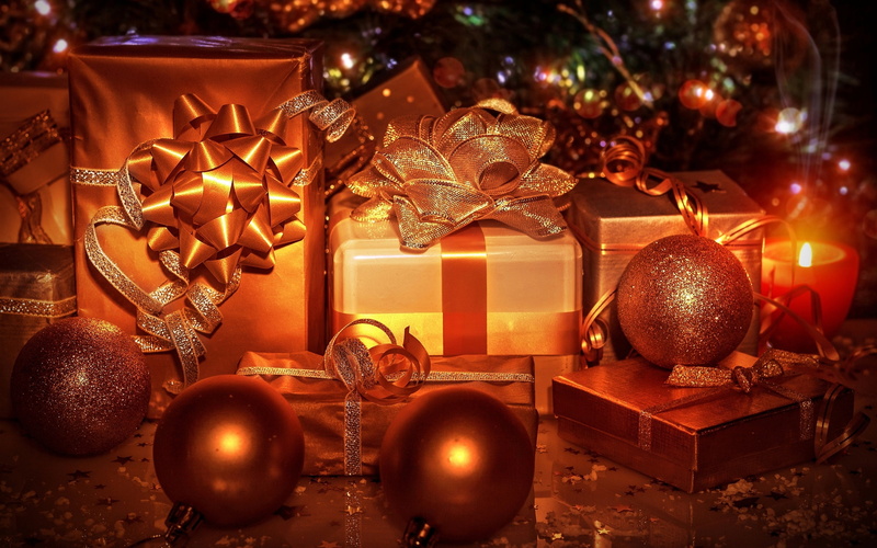 Color, Christmas, Balls, Ribbon, 2K, Decorations, Gifts, Golden