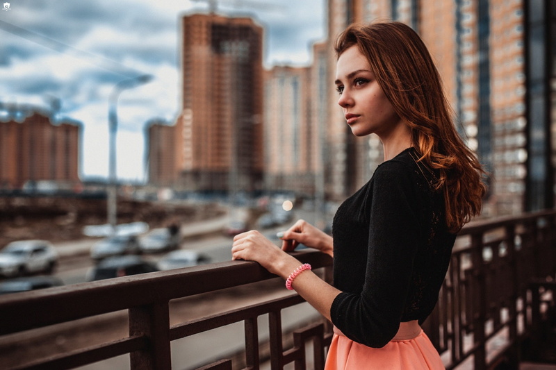 depth of field, redhead, skirt, Andres Sivtsov, wavy hair, long hair, 1080P, portrait, cityscape, model, women