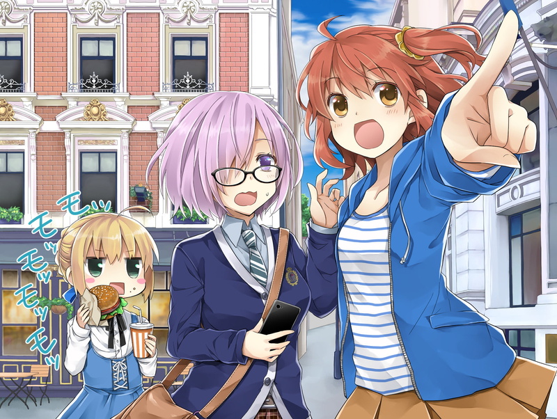 building exterior, costume, 1080P, two people, Fujimaru Ritsuka, fun, people, built structure, mask, celebration, Fate/Grand Order, day, mask - disguise