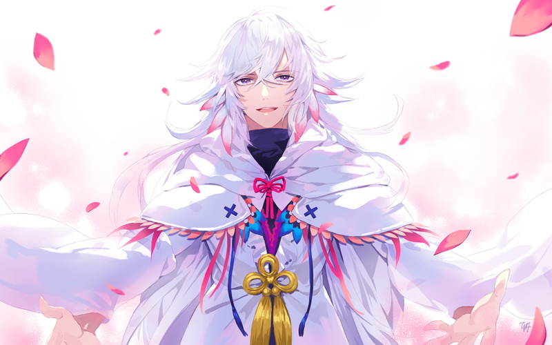 one person, front view, headshot, digital composite, nature, white background, young adult, Fate/Grand Order, beauty, multi colored, pink color, Merlin (Fate Series)
