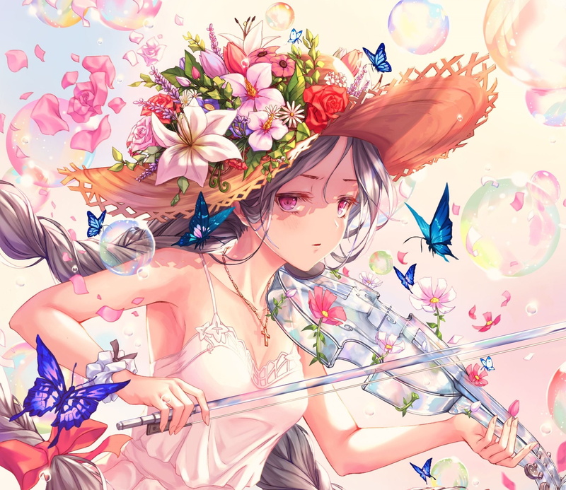Long Hair, Violinist, Necklace, Music, Butterfly, 1080P, Flower, Anime, Bubble, Twintails, Violin, Pink Eyes, Hat