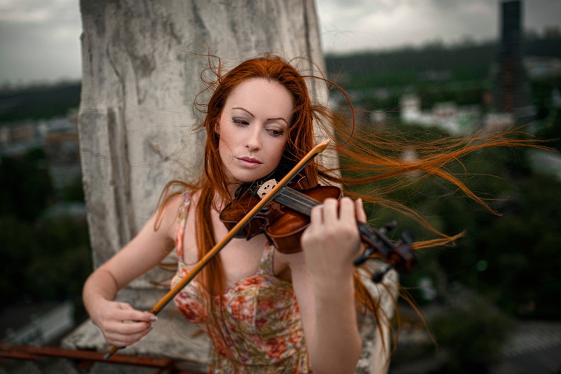 beautiful people, adult, bare shoulders, hairstyle, music, violinist, contemplation, model, women outdoors, hair, beauty, string instrument, women, one person