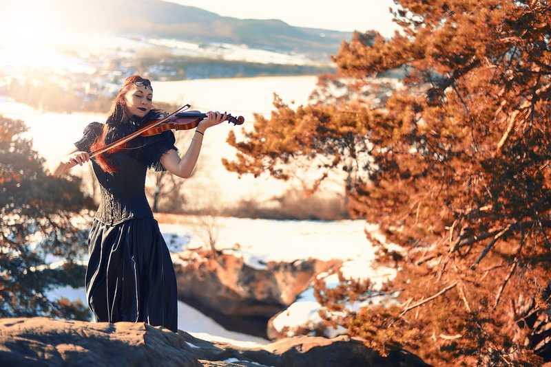 one person, corset, real people, artist, model, land, arts culture and entertainment, music, violin, playing, women outdoors, violinist, nature, beautiful woman
