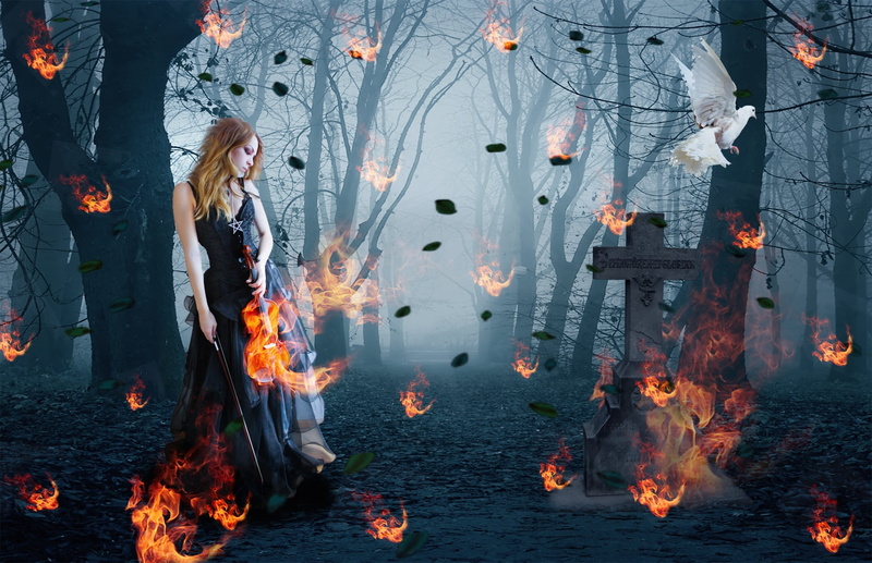 women, standing, grave stone, grave, lake, outdoors, people, trees, girl, reflection, water, flames, nature, graveyard, spooky, heat - temperature, violinist