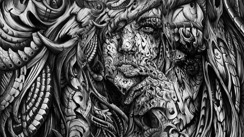 hands, 1080P, women, face, digital art, white, black, abstract, 3d, monochrome, artwork, Open Mouth