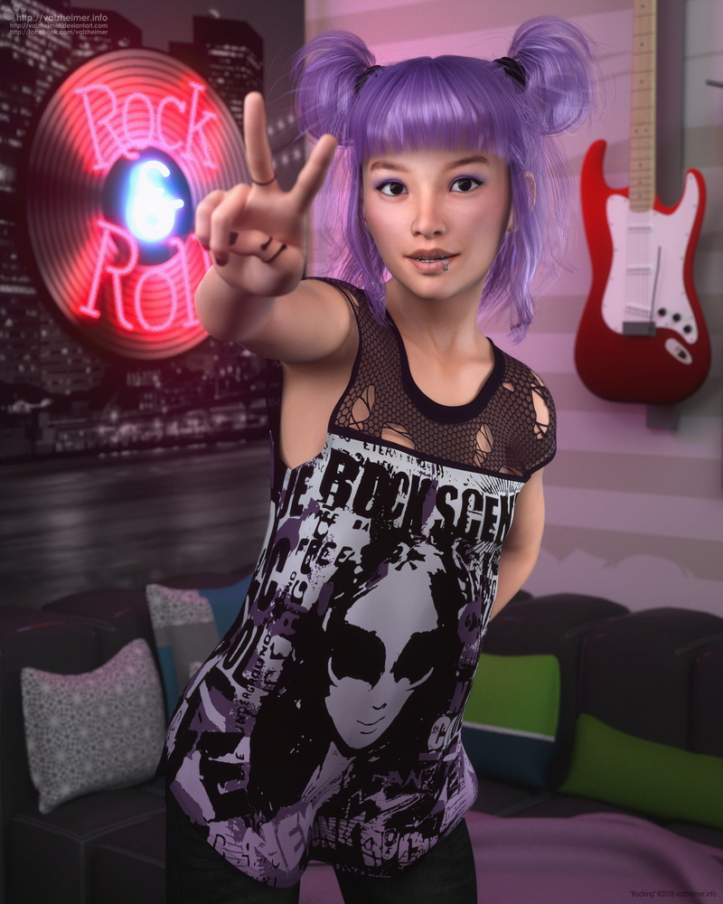 portrait display, couch, CGI, guitar, pigtails, digital painting, 1080P, rock and roll, looking at viewer, ArtStation, open mouth, pierced lip, digital art