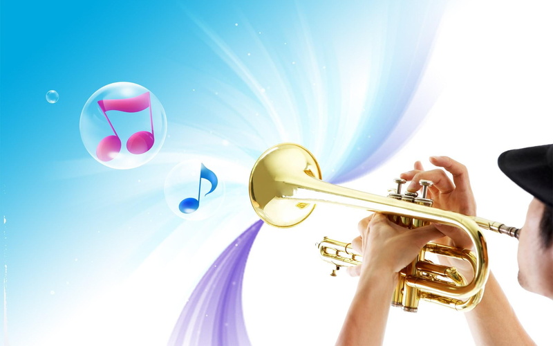 colors, music, trumpet, 3d and abstract, playing, instrument, tunes, 1080P, copper