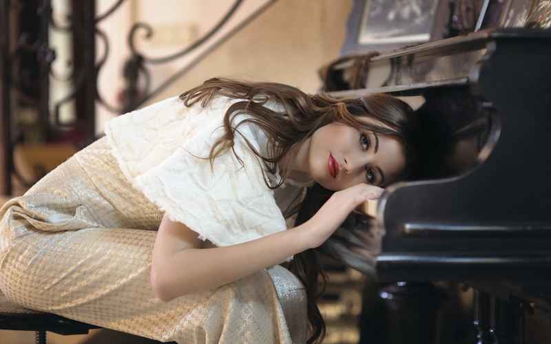 1080P, red lipstick, piano, women, brown eyes, brunette, long hair, dress, model, blurred